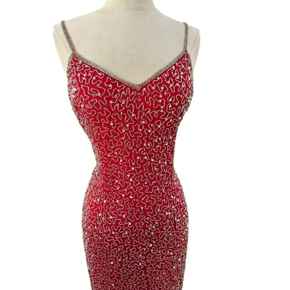 Lawrence Kazar Red 100% Silk Long Dress Size M all over sequin vintage - Picture 2 of 12